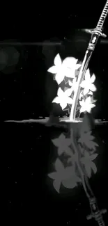 Black and white samurai sword and flowers reflected elegantly in water.