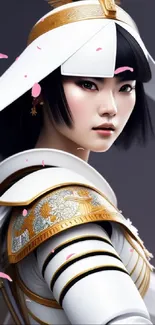 Artistic portrayal of a samurai warrior in white and gold armor with elegant details.