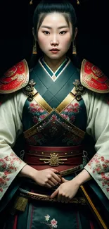 Elegant female samurai in traditional attire with detailed armor and floral patterns.