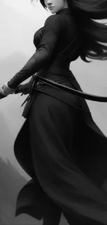 Elegant black and white samurai woman with flowing hair and sword stance.