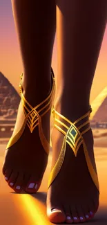 Elegant sandals in a golden desert sunset with pyramids in the background.