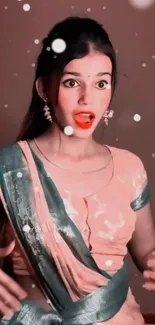 Woman in a pink sari, snowflake effect.