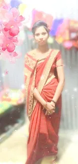 Woman in red sari with floral overlay, vibrant mobile wallpaper.