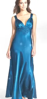 Elegant satin blue evening dress on a model.