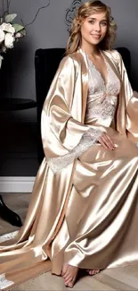 Model in satin dress with elegant pose.