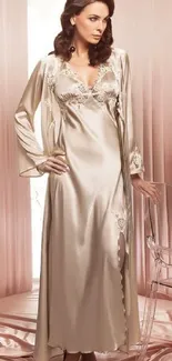 Luxurious satin gown with elegant beige hues.