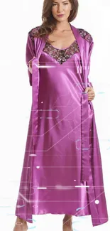 Elegant magenta satin gown with embroidery details.