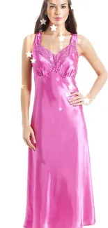 Woman in pink satin nightdress showcasing elegant style.