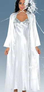 Woman in elegant white satin nightwear on a gradient background.