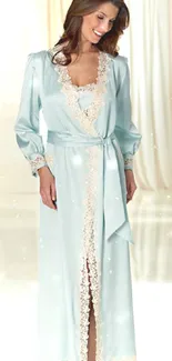 Woman in an elegant light blue satin robe with lace details.