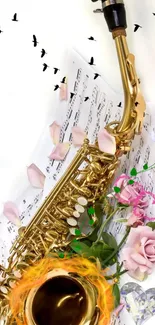 Saxophone surrounded by pink roses and musical notes on a smartphone wallpaper.