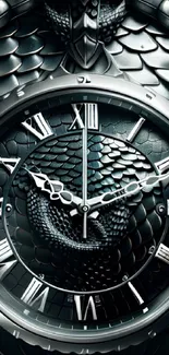 Dark, elegant clock with snake-like scales and Roman numerals.