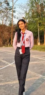 Student in a school uniform standing outdoors at sunset.