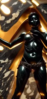 Metallic humanoid sculpture with golden elements.