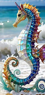 Colorful mosaic seahorse by ocean waves on a beach.