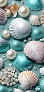 Elegant wallpaper with seashells and pearls on aqua background.