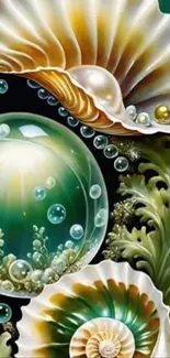 Intricate seashell and bubbles art with green tones.