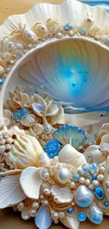 Intricate seashell and pearl design with ocean blue accents.