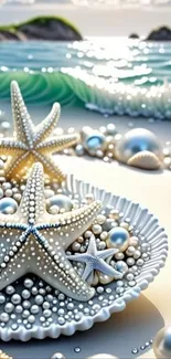 Elegant starfish and seashell wallpaper by the ocean.