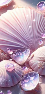 Pink seashell fantasy art with gems and ocean theme.