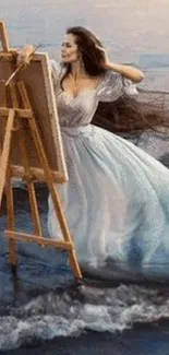 Woman painting by the seaside in blue dress.