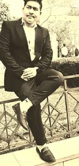 Man in elegant suit posing outdoors in sepia tone.