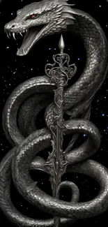 Serpent wrapped around a sword on a starry black background.