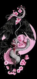 Intricate serpent and floral artwork on a black background wallpaper.