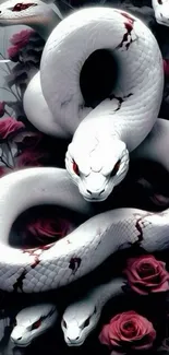 White serpent with red roses mobile wallpaper.