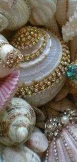 Elegant seashells adorned with glittering beads create a luxurious wallpaper design.