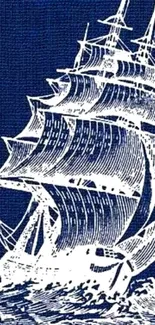 Vintage ship illustration on blue wallpaper.