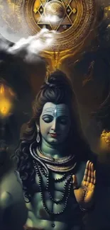 Mystical artwork of Lord Shiva in a meditative pose with spiritual symbols.