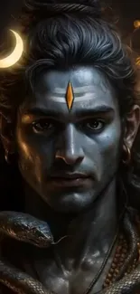 Divine depiction of Lord Shiva with crescent and snake.