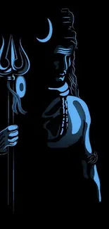 An elegant illustration of Lord Shiva with a trident in glowing blue hues on a dark background.