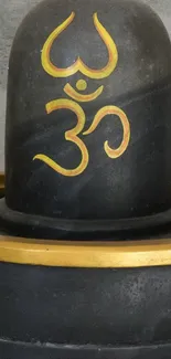 Shivling adorned with gold Om symbol on dark stone base.