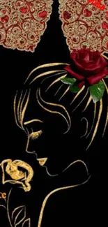 Elegant black silhouette with gold lines and red rose wallpaper.