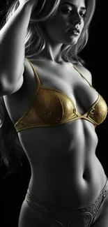 Elegant woman posing in a gold bikini with a dark background.