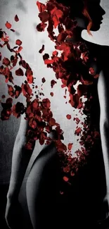 Artistic silhouette with red petals cascading creatively on a gray background.