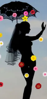 Silhouette of a woman with umbrella against a serene sky.