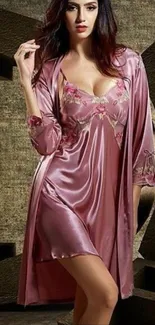 Woman in silk nightwear with floral embroidery, elegant wallpaper.