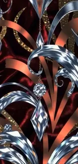 Floral design with silver metallic patterns on red background.