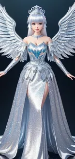 Silver angel with shimmering wings and gown.