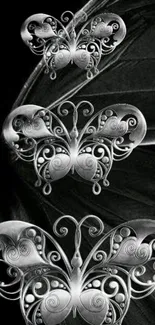 Intricate silver butterfly design on black background.