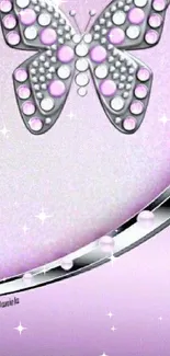 Mobile wallpaper featuring a silver butterfly with pink gemstones on a lavender background.