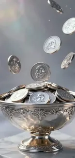 Silver coins elegantly arranged in a decorative antique bowl.
