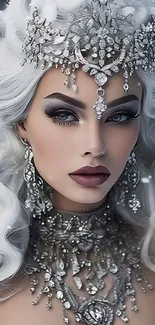 Elegant portrait of a regal lady with silver jewelry and white curls.