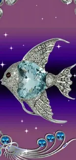 Silver fish with blue gems on purple wallpaper.