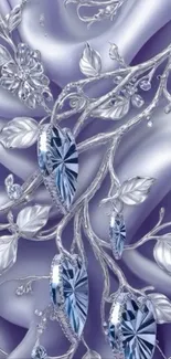 Elegant silver floral wallpaper with blue gems and intricate vine design.