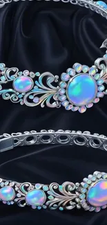 Elegant silver bracelets with colorful gemstones on black background.