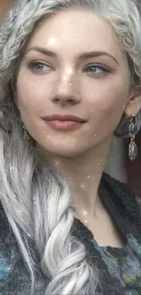 Elegant woman with silver braided hair.